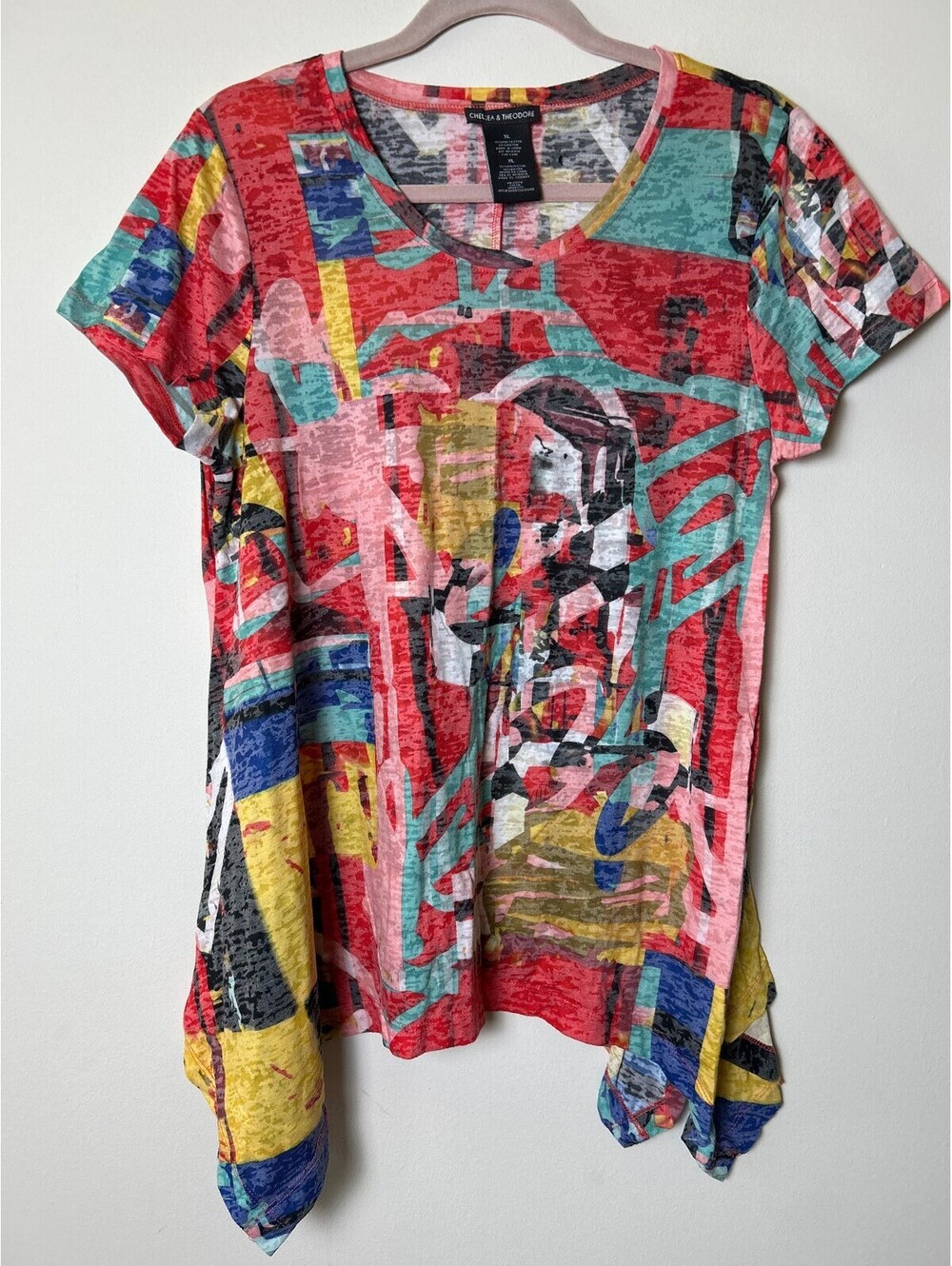 Chelsea & Theodore Women’s XL Abstract Tunic Top Multicolor Sharkbite Hem Boho